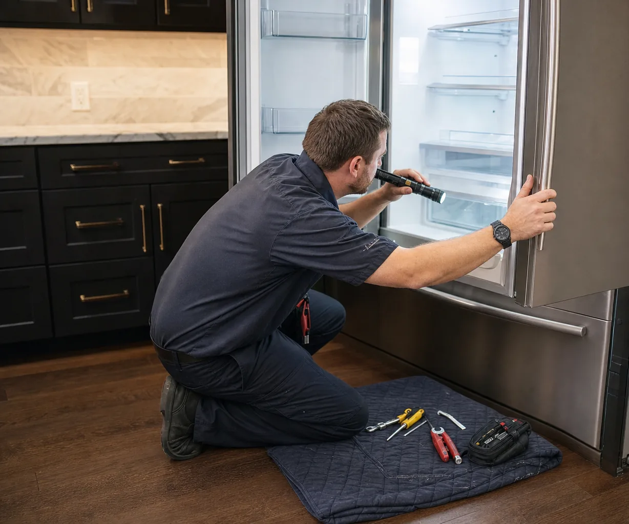 Technician repairing a built-in refrigerator up close
