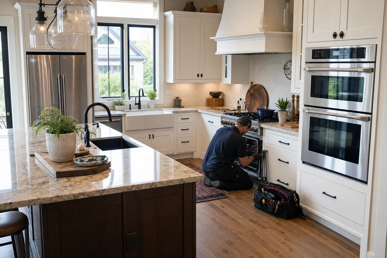 A luxury kitchen with built-in stainless appliances up close