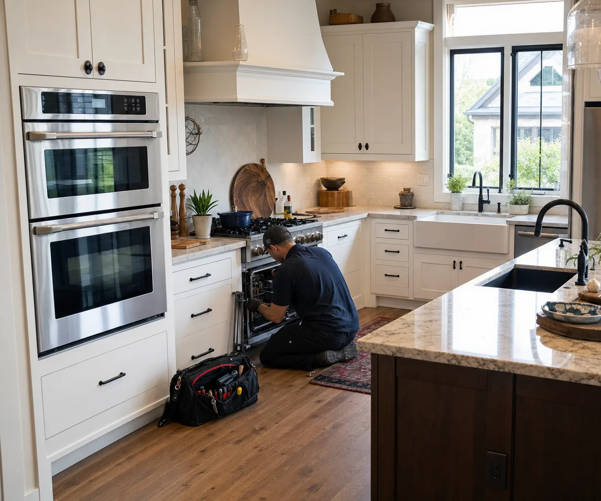 A luxury kitchen with built-in stainless appliances up close
