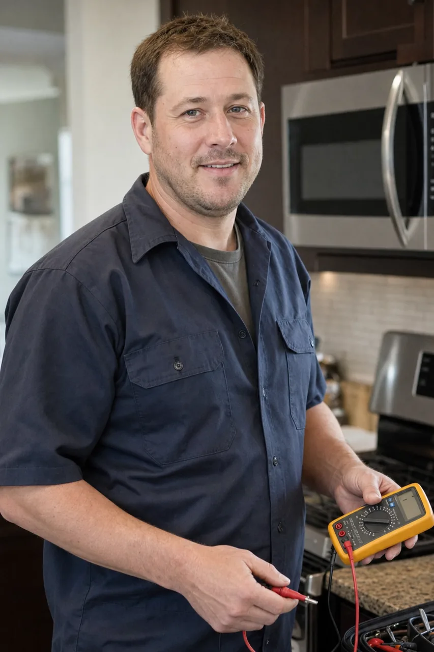 An appliance repair technician in a Mamaroneck kitchen holding a multimeter