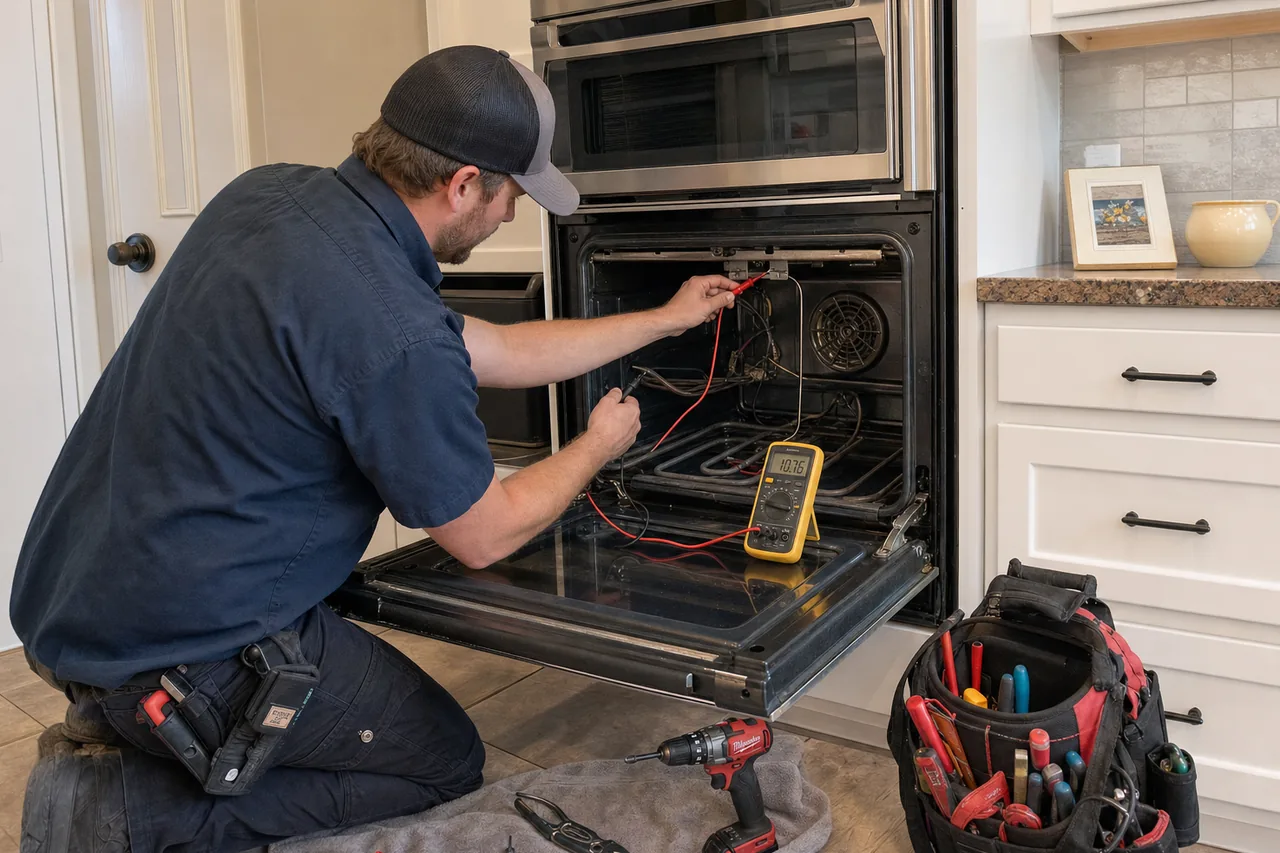 Technician servicing a built-in wall oven up close