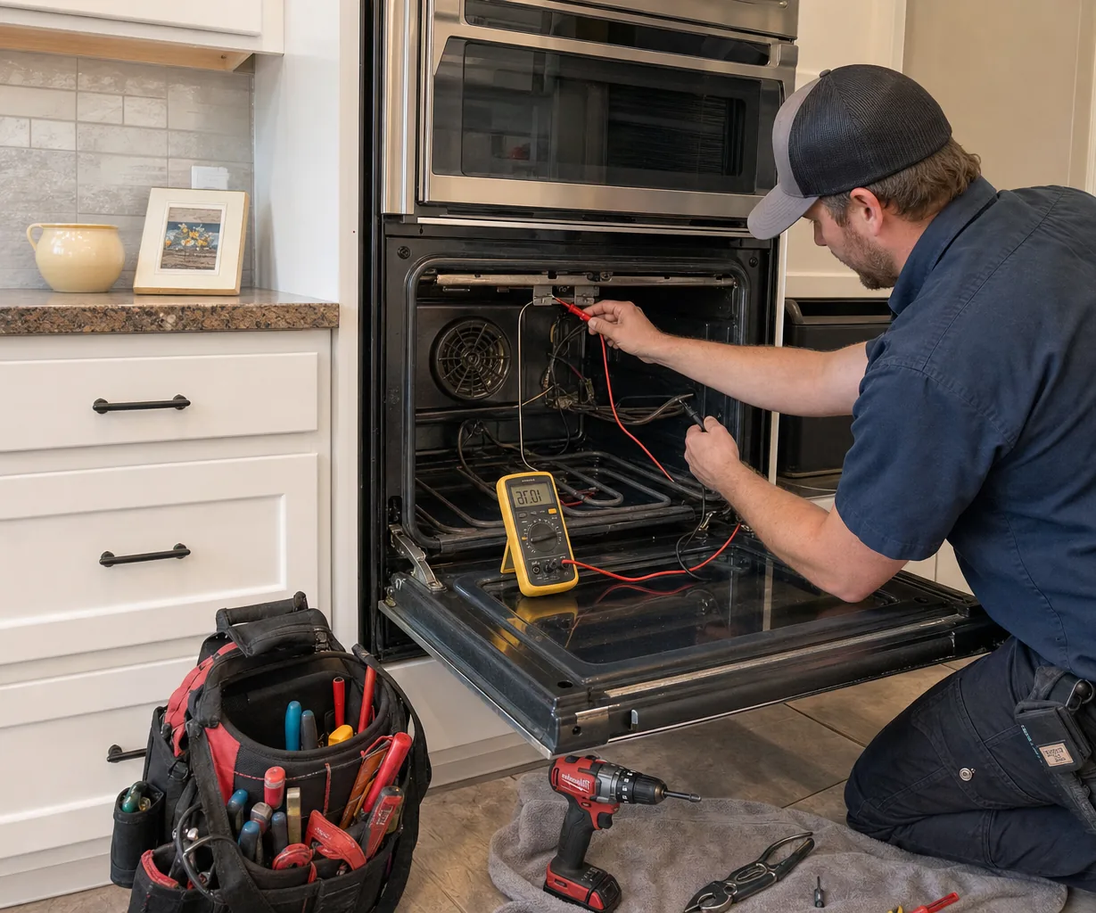 Technician servicing a built-in wall oven on a same-day visit